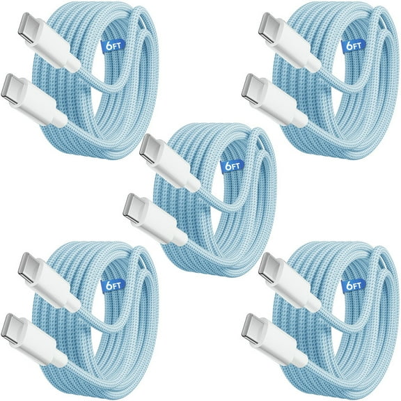 Afflux (5 Pack) 60W USB-C Fast Charger Cable Data Sync Charging Woven Braided Type C Cord Compatible with iPhone 17 / 16 / 15 Pro Max Plus Air, iPad, AirPods, Samsung Galaxy S25 S24 S23, 6ft, Blue