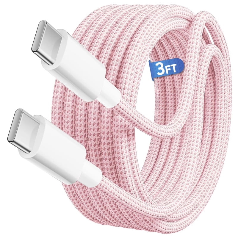 Afflux 60W USB-C Fast Charger Cable Data Sync Charging Woven Braided Type C Cord Compatible with iPhone 17 / 16 / 15 Pro Max Plus Air, iPad, AirPods, Samsung Galaxy S25 S24 S23 Ultra, 3ft, Pink