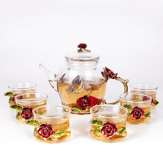 Affogato Flower Glass Teapot with 6 Tea Cup Set Glass Tea Kettle for Hot Beverage,Iced Tea 9oz Red
