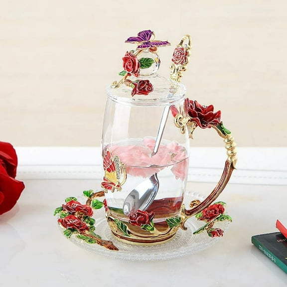 Affogato Glass Flower Tea Cup,Coffee Mugs with Lid, Coaster, Spoon for Party 18oz 350ml Red