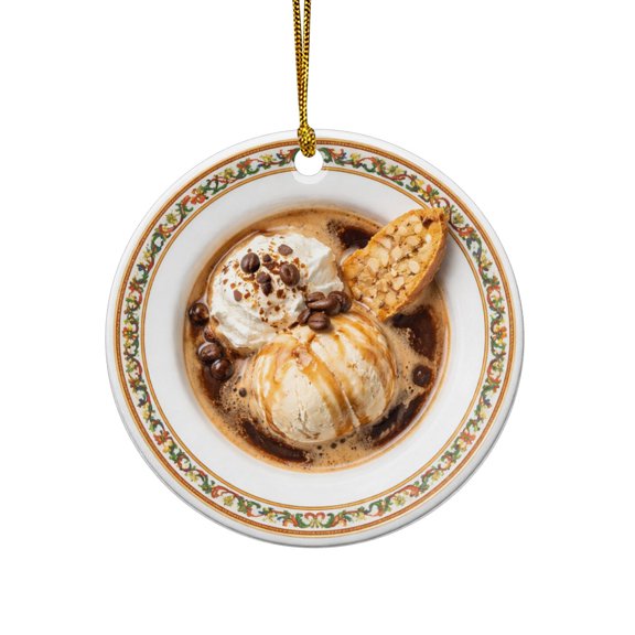 Affogato Italian Gelato Vanilla Ice Cream Espresso Dessert Italy Cuisine Food FLAT PRINTED IMAGE on Ceramic Ornament NOT 3D, Double-Sided Design, Christmas Ornament, Foodie Gift, Tree Decor