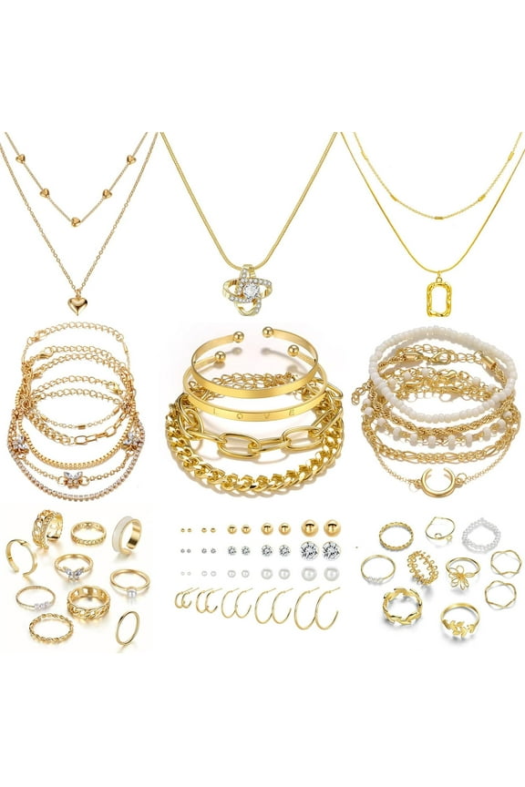 Affordable Gold Plated Jewelry Set - 5 Necklace, 14 Bracelet, 20 Earring Pairs, 20 Knuckle Rings
