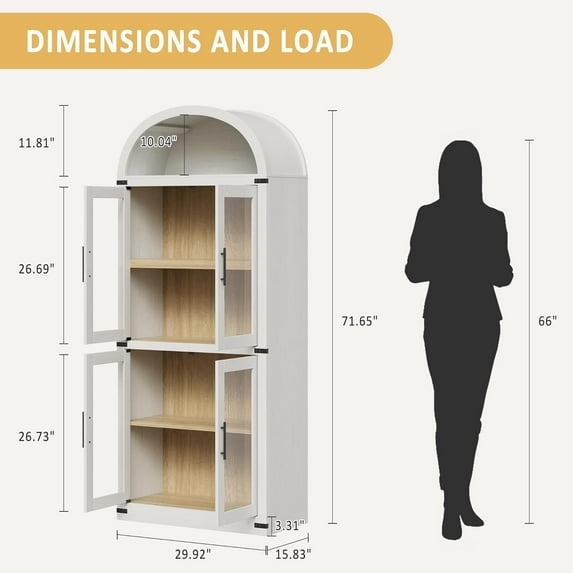 Affordable Quality Arched Bookshelf with Doors - Glass Doors - 15.83 inches deep by 71.4 inches tall rustic ambiance premium wood display cabinet for living room, kitchen and office,Glass Door_White