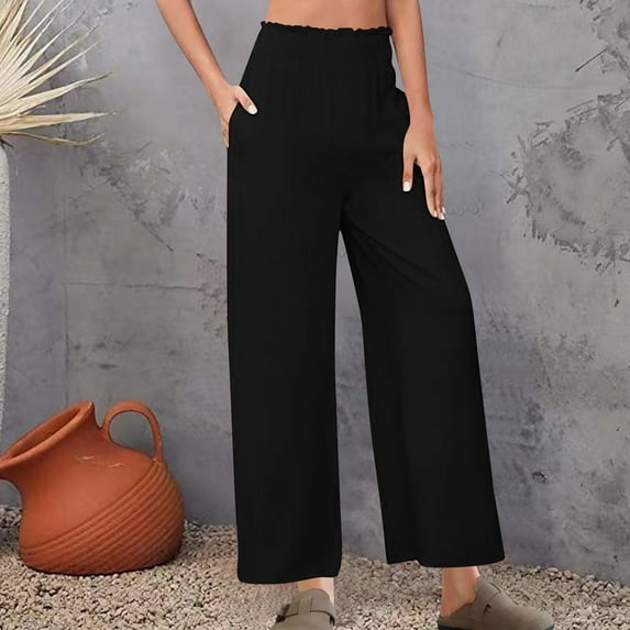 Affordable Women's Linen Pants - Women's Loose Casual and Comfortable Solid Color Flower Bud Waist Strap Pants Black M