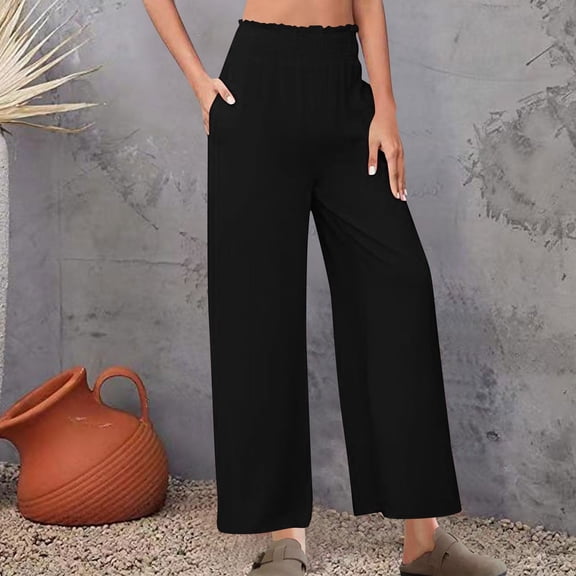 Affordable Women's Linen Pants - Women's Loose Casual and Comfortable Solid Color Flower Bud Waist Strap Pants Black M