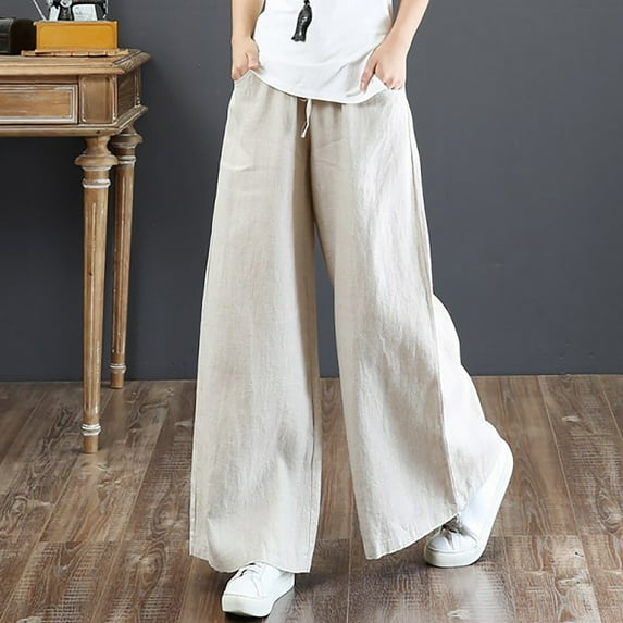 Affordable Women's Linen Pants - Women's Spring Solid Color Elastic Waist Cotton Linen Versatile Straight Tube Casual Wide Leg Pants Beige M
