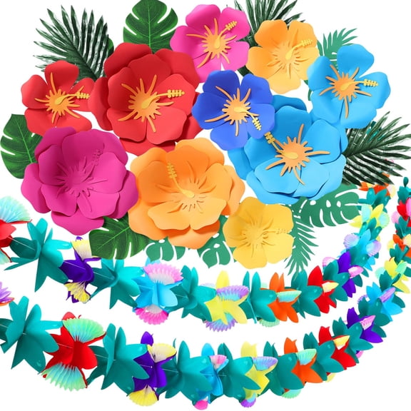 Affrolling 44 Pcs Hawaiian Party Decorations Include Tropical Garland Large Paper Flowers Palm Leaves 20ft Tissue Paper Hibiscus Flower Banner for Birthday Beach Theme Luau Aloha Party Supplies A101