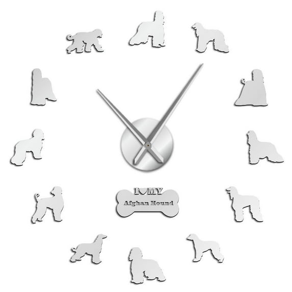 Afghan Hound Dog Breed Acrylic Wall Art Stickers Clock Puppy Doggie Pet Store Decorative DIY Wall Clock Mute Wall Hanging Watch(Silver,47inch)
