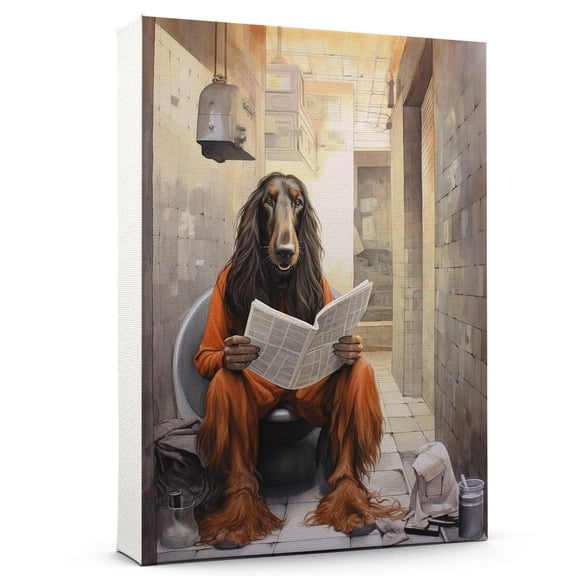 Afghan Hound Gift Wall Art, Cute Dog Sitting on The Toilet Reading a Newspaper Bathroom Poster for Dog Lover, Humor Animals Bathroom Canvas Prints, Bathroom Wall Decor