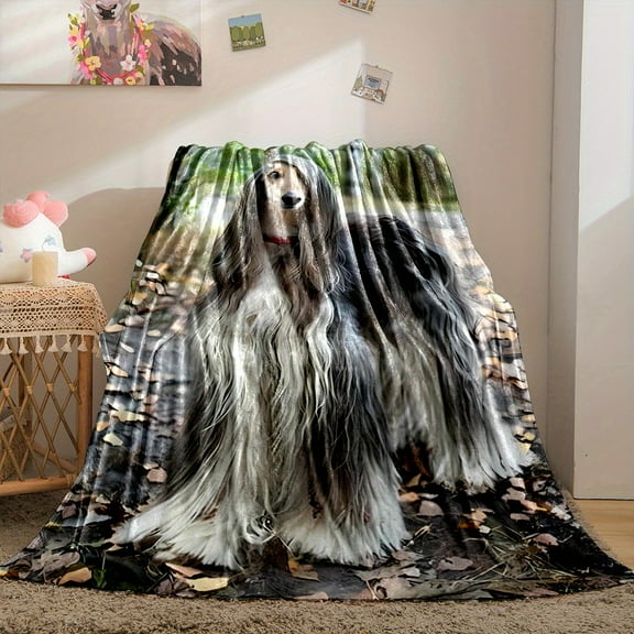 Afghan Hound Printed Throw Blanket, All-Season, Soft Flannel, Reversible, Durable Polyester, Contemporary Style, Cartoon Design, Digital Print, No Embellishments, 200-250g Square Kilogram