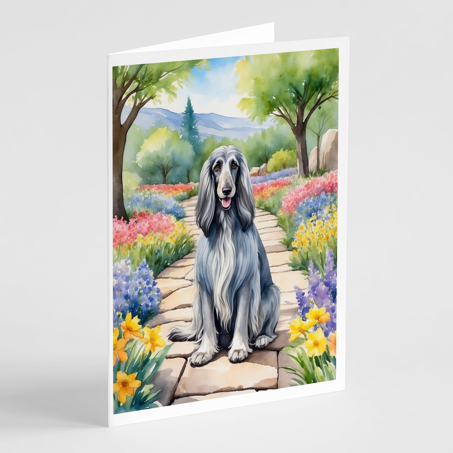 Afghan Hound Spring Garden Greeting Cards Pack of 8 7 in x 5 in