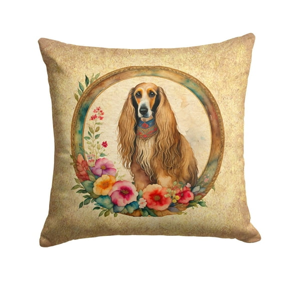 Afghan Hound and Flowers Fabric Decorative Pillow 14 in x 14 in