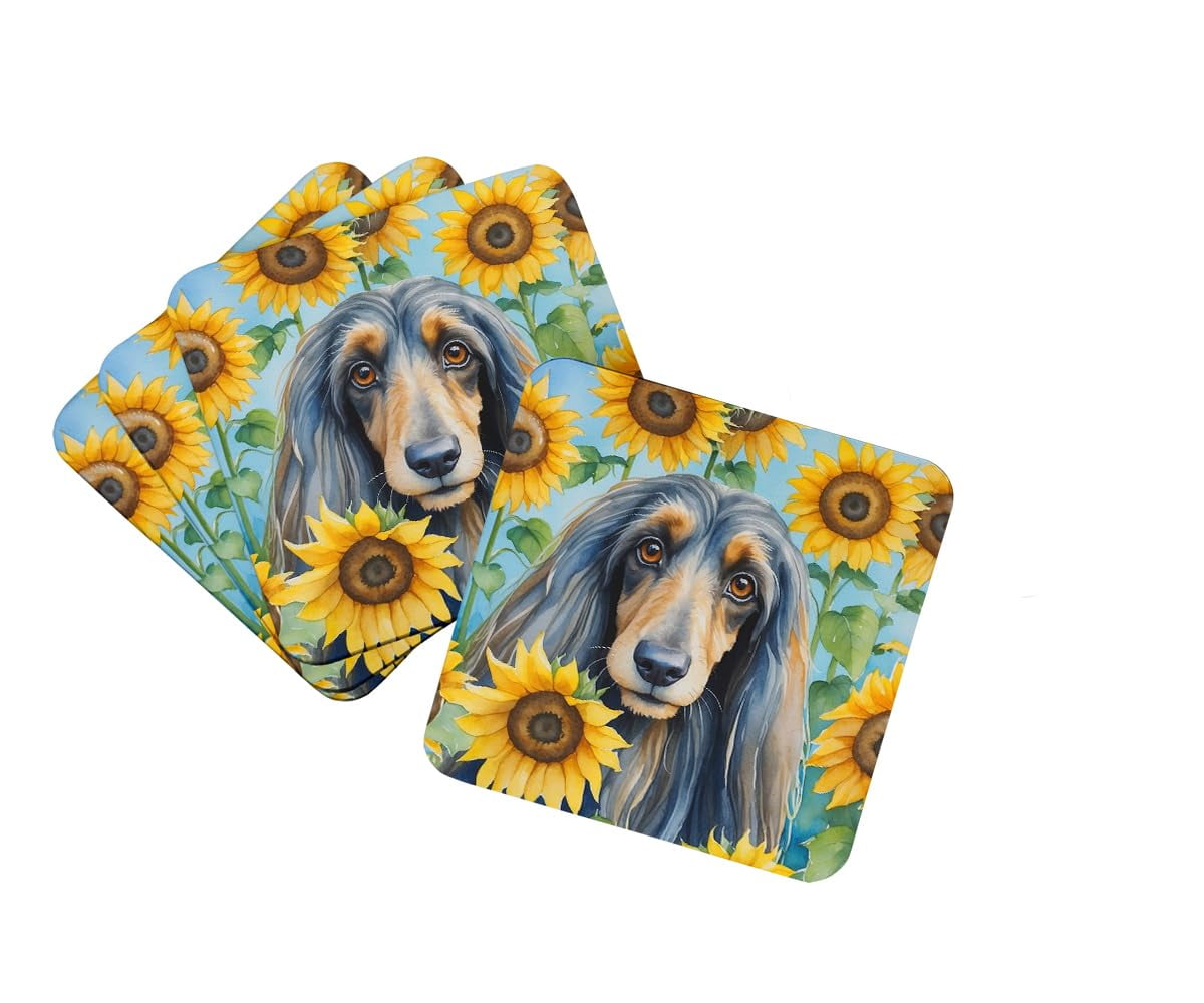 Afghan Hound in Sunflowers Foam Coasters 3.5 in x 3.5 in