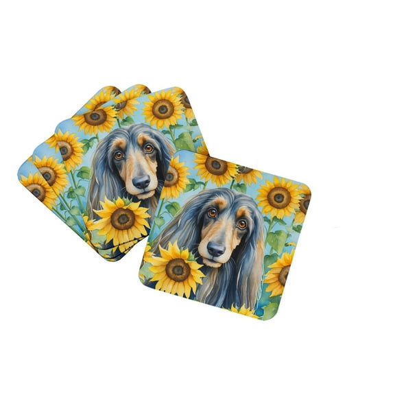 Afghan Hound in Sunflowers Foam Coasters 3.5 in x 3.5 in