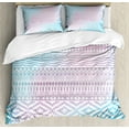 thumbnail image 1 of Afghan Queen Size Duvet Cover Set, Geometric Shapes with Triangles Rhombuses and Herringbone Zigzag Stripes, Decorative 3 Piece Bedding Set with 2 Pillow Shams, Lilac and Pale Blue, by Ambesonne, 1 of 3