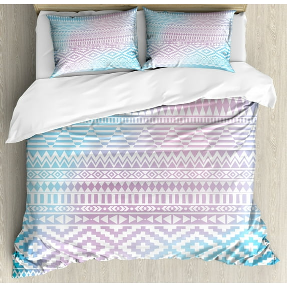 Afghan Queen Size Duvet Cover Set, Geometric Shapes with Triangles Rhombuses and Herringbone Zigzag Stripes, Decorative 3 Piece Bedding Set with 2 Pillow Shams, Lilac and Pale Blue, by Ambesonne