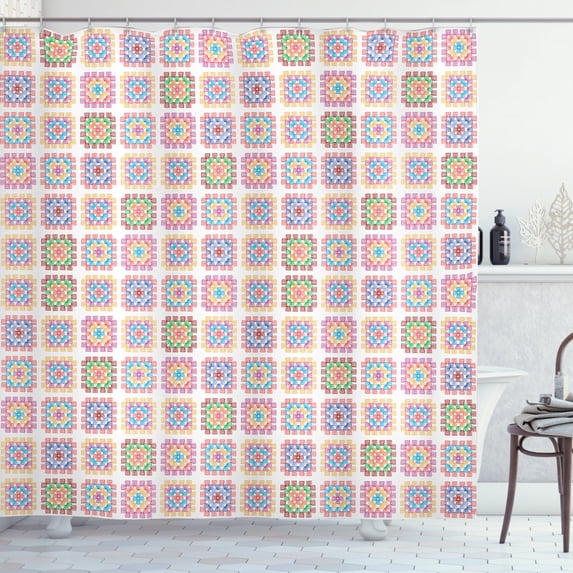 Afghan Shower Curtain, Doodle Style Line Arrangement of Colorful Shapes Hand Drawn Abstract Illustration, Fabric Bathroom Set with Hooks, 69W X 84L Inches Extra Long, Multicolor, by Ambesonne