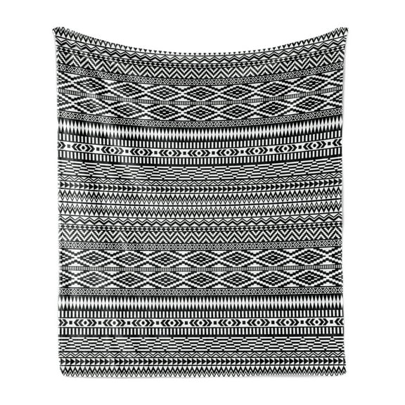 Afghan Soft Flannel Fleece Blanket, Traditional Monochrome Herringbone Zigzag Stripes and Rhombuses Tribal Design, Cozy Plush for Indoor and Outdoor Use, 50" x 70", Black and White, by Ambesonne