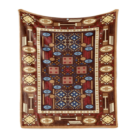 Afghan Soft Flannel Fleece Throw Blanket, Earthy Toned Middle Eastern Oriental Folklore Illustration of Shapes Composition, Cozy Plush for Indoor and Outdoor Use, 60" x 80", Multicolor, by Ambesonne