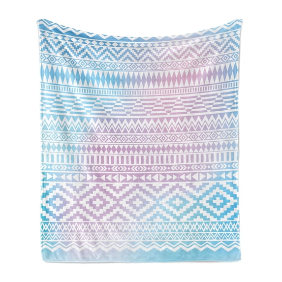 Afghan Soft Flannel Fleece Throw Blanket, Geometric Shapes with Triangles Rhombuses and Herringbone Zigzag Stripes, Cozy Plush for Indoor and Outdoor Use, 70" x 90", Lilac and Pale Blue, by Ambesonne