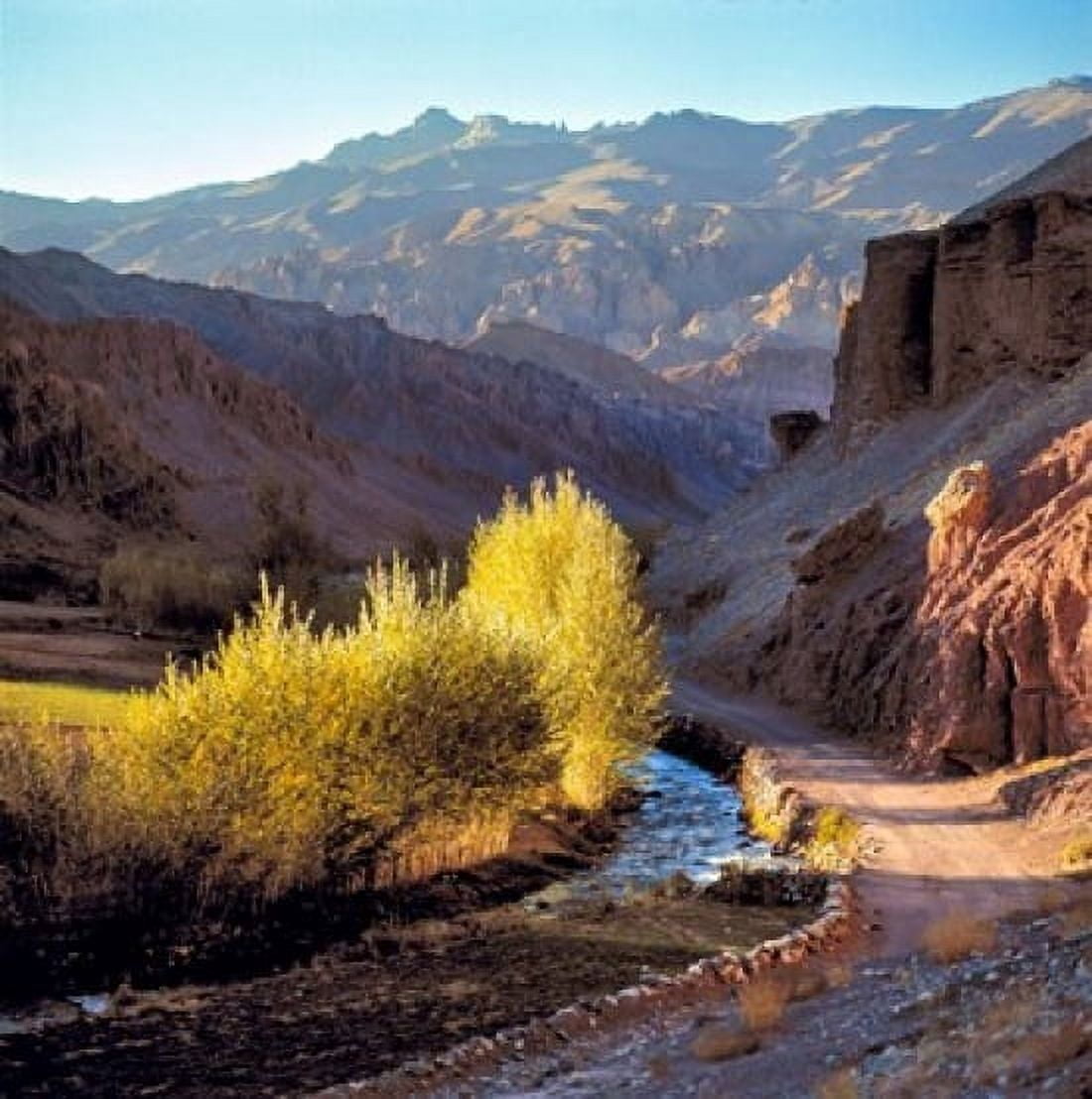 Afghanistan Bamian Valley Dirt road and stream Canvas Art - Ric Ergenbright DanitaDelimont (30 x 30)