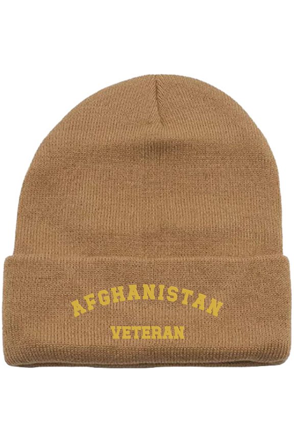 Afghanistan Veteran Beanie Embroidered Military Hat Winter Knit Cap Gift for Men Women (Khaki)