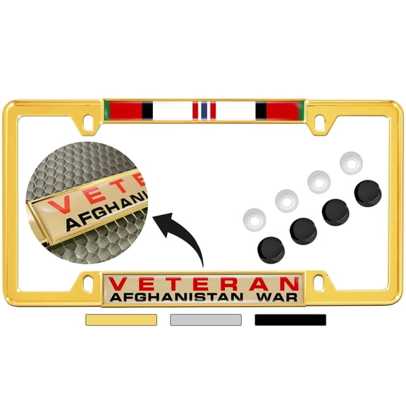 Afghanistan War Veteran - Domed Custom-Made Personalized Narrow (Thin) Top 4 Hole Metal Car License Plate Frame with Free caps - Gold (Quantity: 1 Frame)