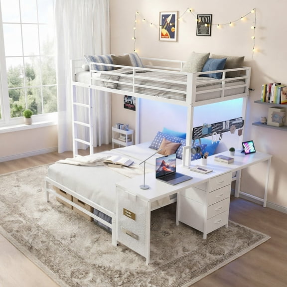 Afhokles Bunk Bed Twin Over Full with 4 Drawers and Charging Station, Long Desk, White