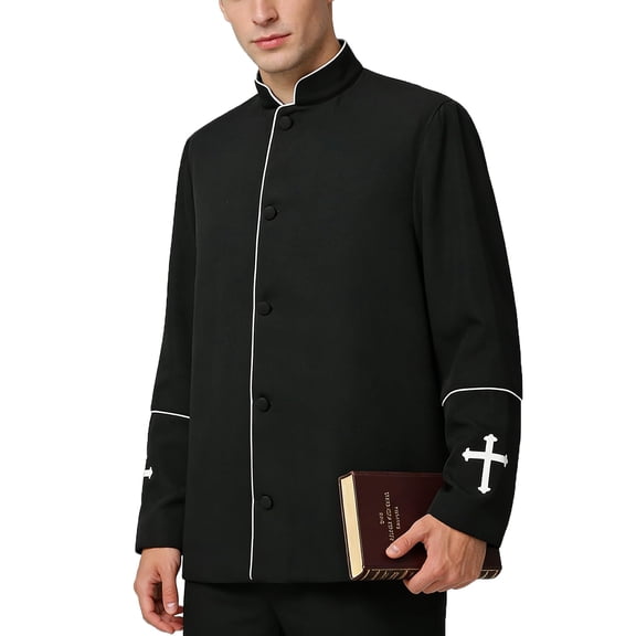 Afinprain Men's Clergy Jacket with Piping and Cross Stand Collar Church Outerwear