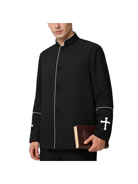 Men's Clergy Jacket with Piping and Cross Stand Collar Church Outerwear