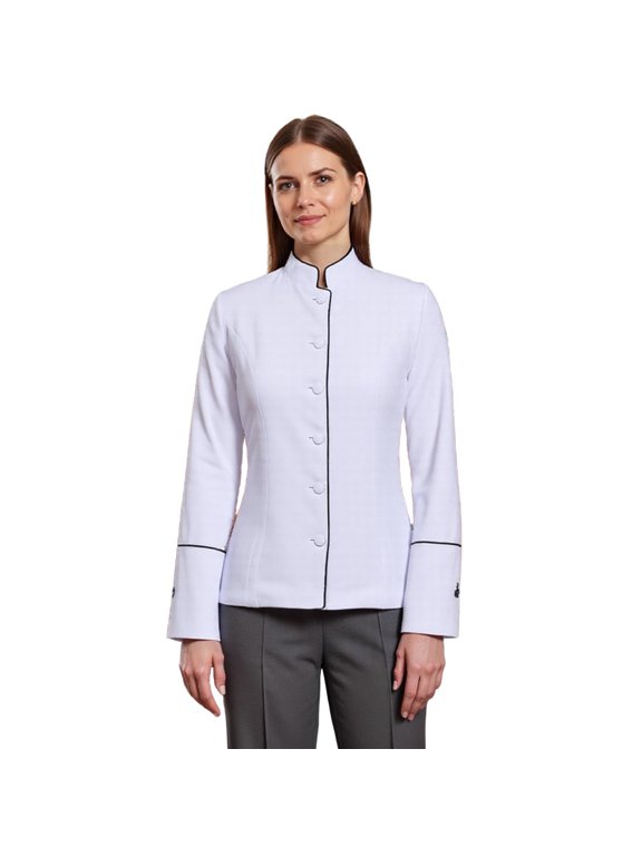 Women's Clergy Jacket with Stand Collar and Printed Cross Cuffs for Pastors