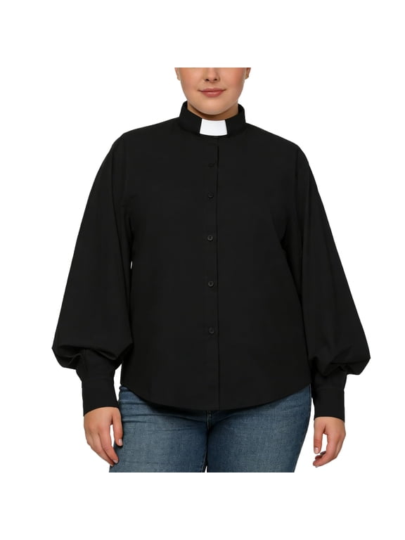 Women's Clergy Shirt Bishop Sleeve Ministers Blouse with Tab Collar