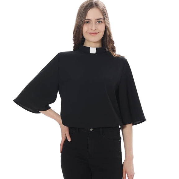 Afinprain Womens Clergy Blouse 3/4 Bell Sleeve Tab Collar Minister Top