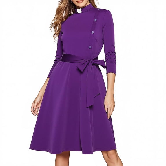 Afinprain Womens Clergy Long Sleeve A‑Line Dress with Tab Collar Tie Belt Side Buttons