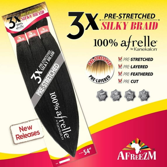 Afreezm Pre-Stretched Silky Braiding Hair Extension Pack 3X 54", Color 1B
