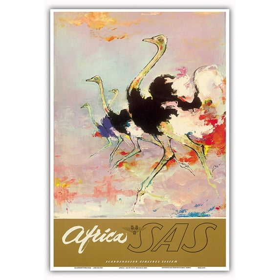 Africa - African Ostriches - SAS Scandinavian Airlines System - Vintage Airline Travel Poster by Otto Nielsen c.1960 - Master Art Print (Unframed) 13in x 19in