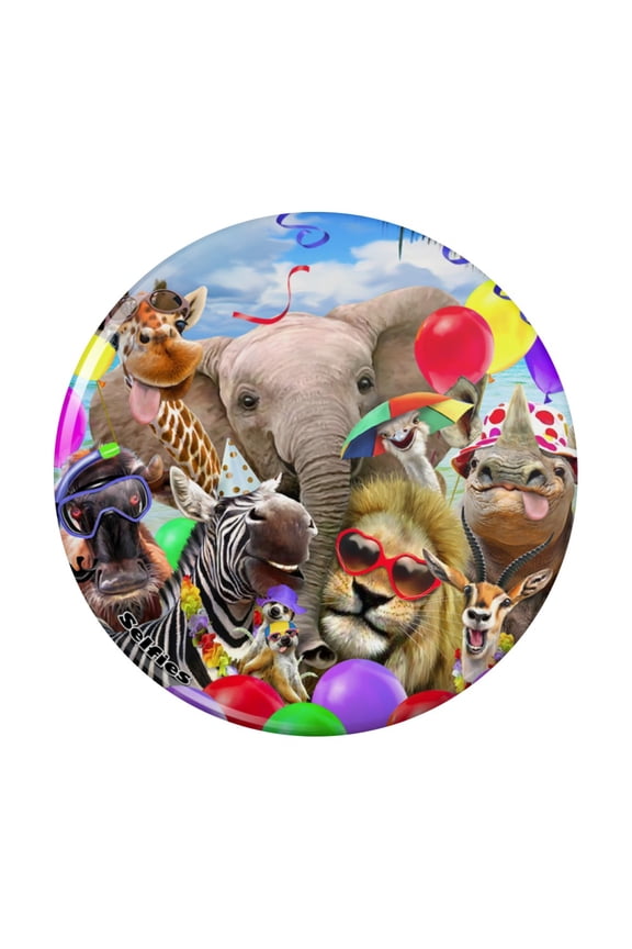 Africa Animal Beach Party Selfie Lion Giraffe Zebra Wildebeest Rhino Pinback Button Pin