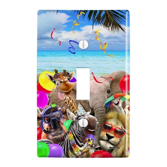 Africa Animal Beach Party Selfie Lion Giraffe Zebra Wildebeest Rhino Plastic Wall Decor Toggle Light Switch Plate Cover