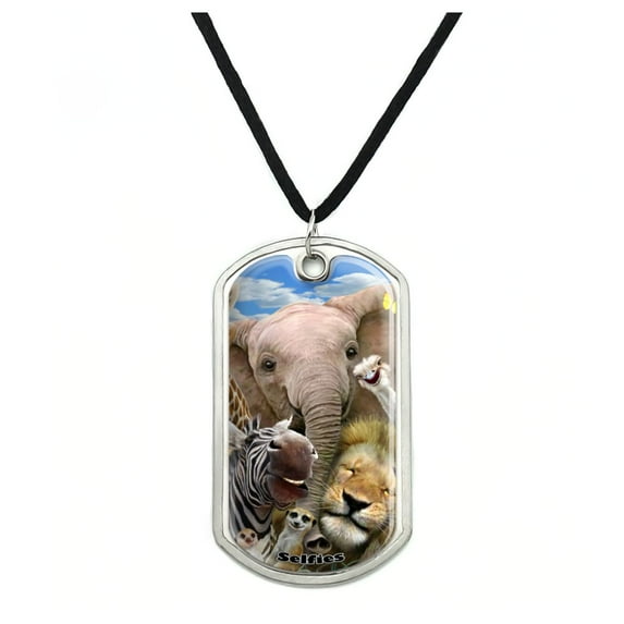 Africa Animals Selfie Giraffe Elephant Lion Zebra Military Dog Tag Pendant Necklace with Cord