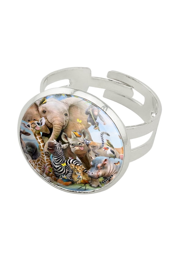 Africa Animals Smile Selfie Elephant Giraffe Zebra Hippo Rhino Silver Plated Adjustable Novelty Ring