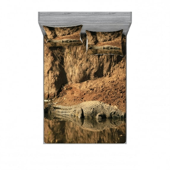 Africa Bedding Set with Sheet & Covers, Nile Crocodile Swimming in the River Rock Cliffs Tanzania Hunter Geography Print, Printed Bedroom Decor 2 Shams, 4 Sizes, Brown Tan, by Ambesonne
