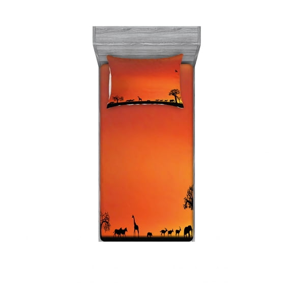 Africa Bedding Set with Sheet & Covers, Panorama of Safari Animals Gulls Reflections in Background at Sunset Scenery, Printed Bedroom Decor 2 Shams, 4 Sizes, Burnt Orange Black, by Ambesonne