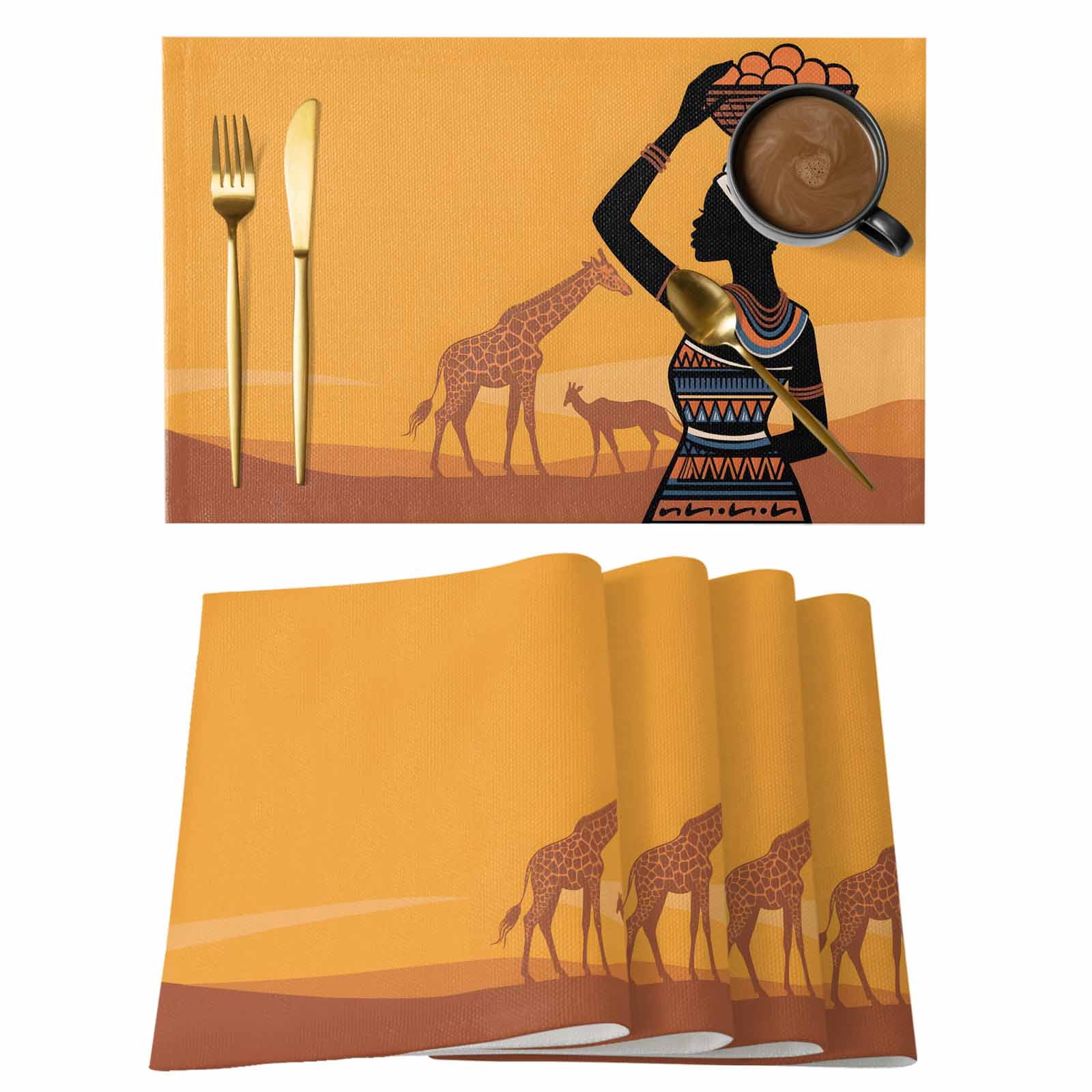 Africa Black Women Cotton Linen Placemats Set of 4, Giraffe Animals ...