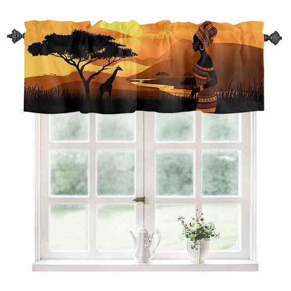 Africa Black Women Kitchen Valances for Windows 60x18 Inch Kitchen Curtains Valances Rod Pocket African Native Ethnic Sunset Bathroom Window Valances for Window Treatment Decor