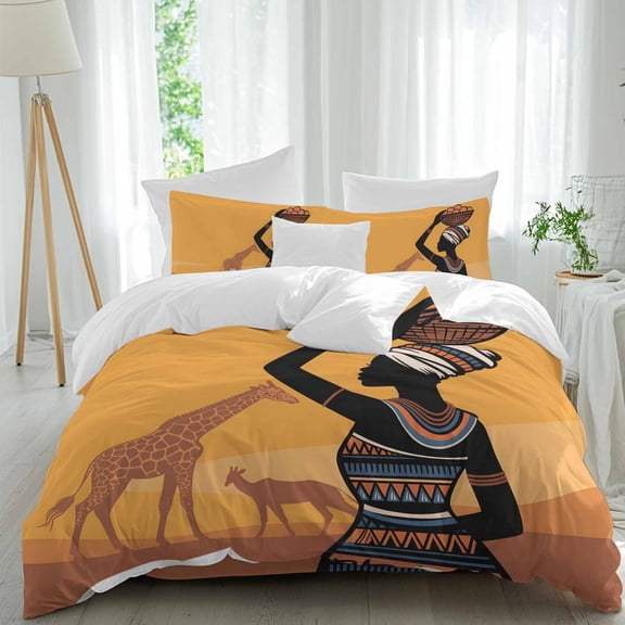 Africa Black Women Queen Size Comforter Set, Giraffe Animals Ethnic Style Cartoon Bedding for All Seasons, 4 Pcs Bed Set, 1Quiltcover (90"x92") ,1Sheet(94"x116"), 2Pillowcases (30"x20")