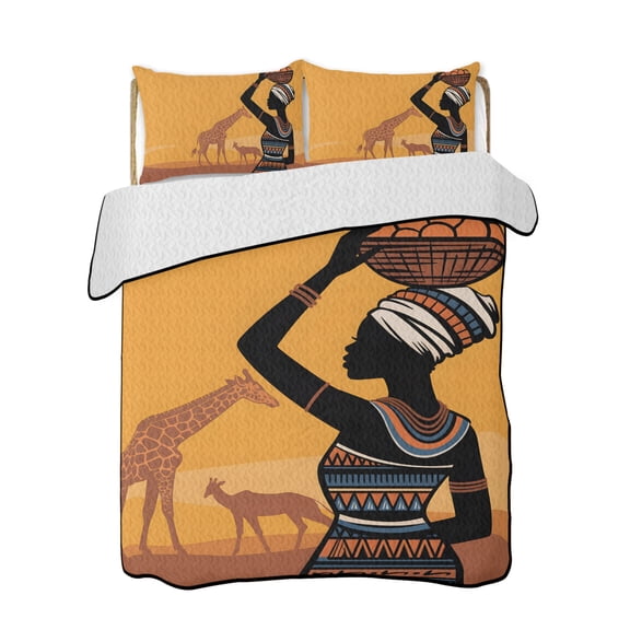 Africa Black Women Quilts Bedding Set King Size Giraffe Animals Ethnic Style Cartoon Lightweight Quilted Bedspread 3 Piece Bed Quilt with 2 Pillow Shams All Season for Bedroom 90" x 96"