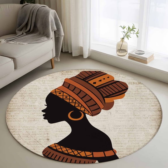 Africa Black Women Round Area Rug 3.3 FT, Non Slip Small Entryway Kitchen Mat, African Native Ethnic Vintage Washable Soft Circular Rug Non-Shedding Door Mat for Bathroom Playroom Kids Room