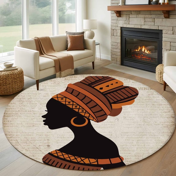 Africa Black Women Round Area Rug 6 FT, Non Slip Bedroom Rugs, African Native Ethnic Vintage Washable Soft Circular Carpet Non-Shedding Floor Mat for Kitchen Dining Room Home Office Kids Room
