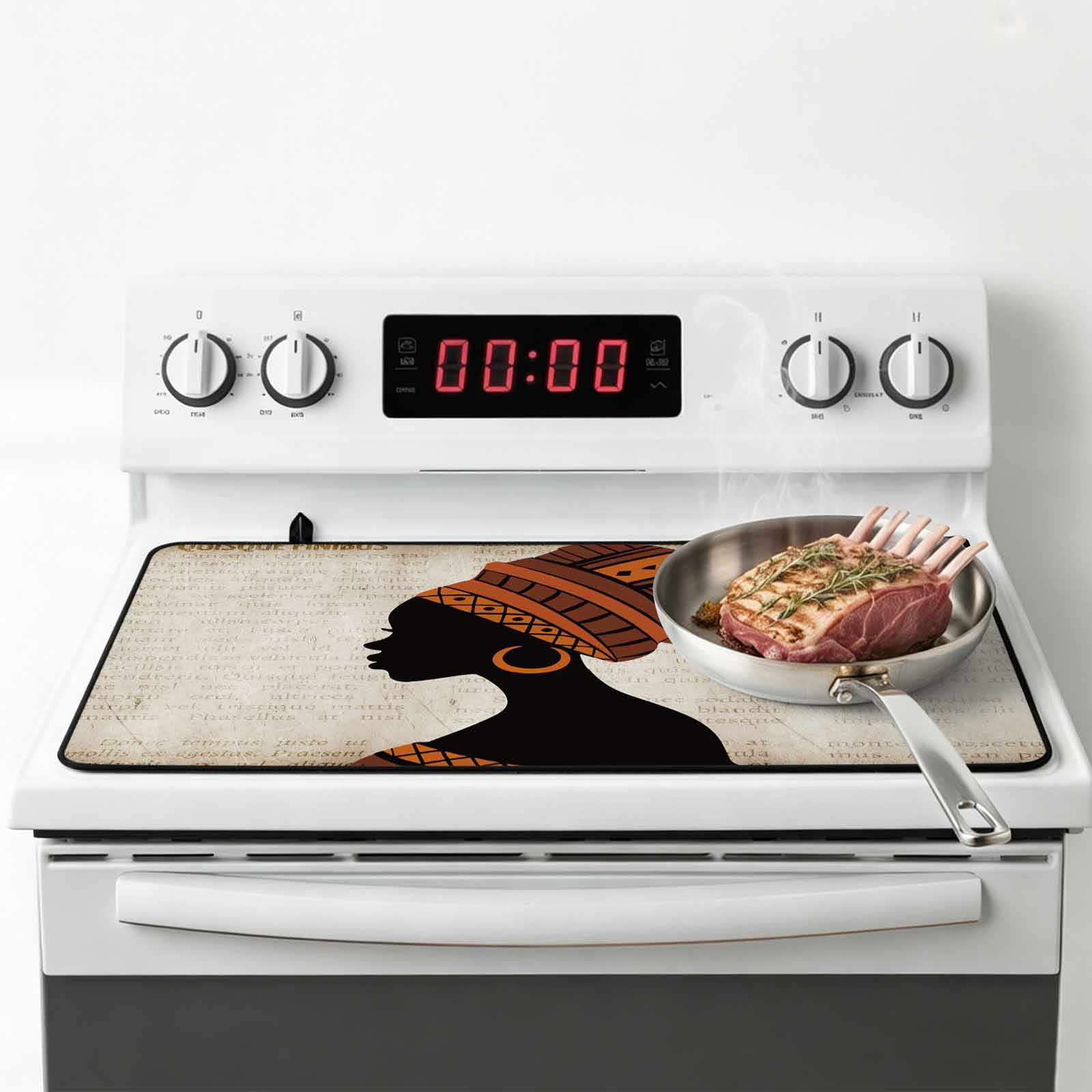 Africa Black Women Stove Top Cover for Electric Stove, Heat-proof & Non Slip Glass Top Stove Cover Protector, African Native Ethnic Vintage Kitchen Flat Cooktop Rubber Mat 24x21 Inches