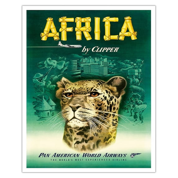Africa by Clipper - African Cheetah - Pan American World Airways - Vintage Airline Travel Poster c.1950 - Fine Art Matte Paper Print (Unframed) 16x20in